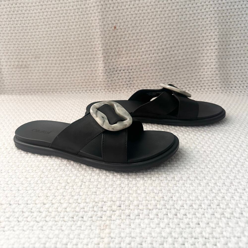 OluKai Women's Black La'i Slide Gray Marble Circle Stone Slip On Sandals 8